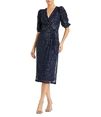 Mac Duggal Puff Sleeve Sequin A-Line Waist Wrap Midi Dress
