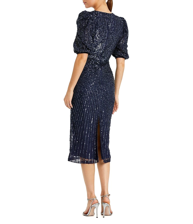 Mac Duggal Puff Sleeve Sequin A-Line Waist Wrap Midi Dress