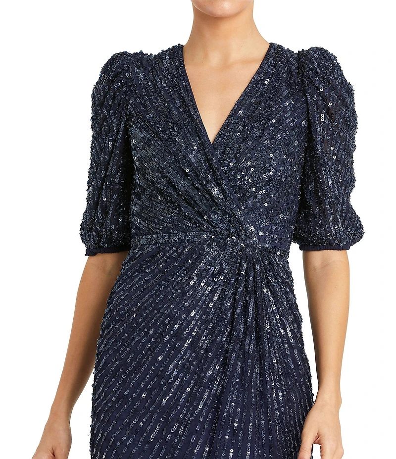 Mac Duggal Puff Sleeve Sequin A-Line Waist Wrap Midi Dress
