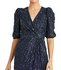 Mac Duggal Puff Sleeve Sequin A-Line Waist Wrap Midi Dress