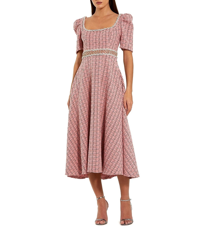 Mac Duggal Puff Sleeve Tweed Midi Dress With Beaded Belt