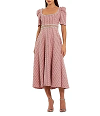 Mac Duggal Puff Sleeve Tweed Midi Dress With Beaded Belt