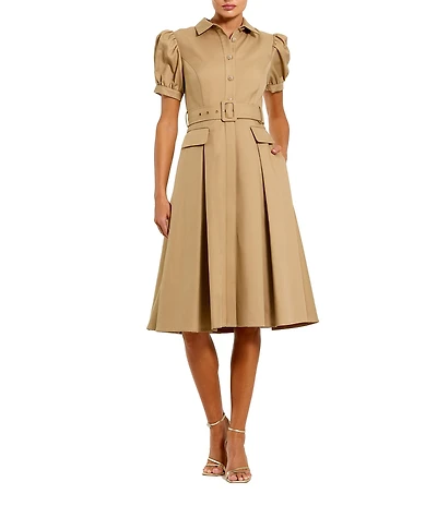 Mac Duggal Puff Sleeve Twill Button Up Midi Dress With Belt