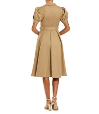 Mac Duggal Puff Sleeve Twill Button Up Midi Dress With Belt