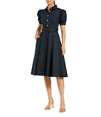 Mac Duggal Puff Sleeve Twill Button Up Midi Dress With Belt