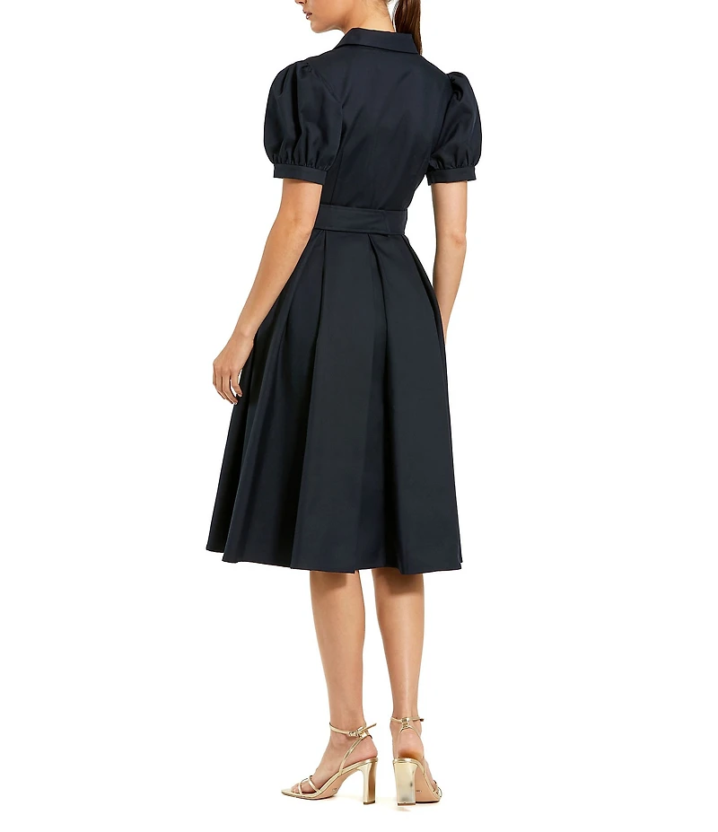 Mac Duggal Puff Sleeve Twill Button Up Midi Dress With Belt