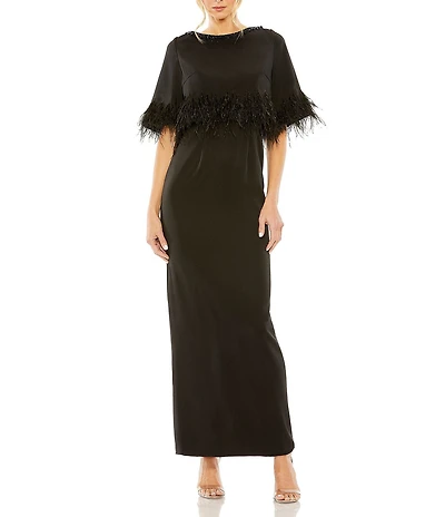 Mac Duggal Quarter Sleeve Crystal Neck Feather Detail Satin Dress