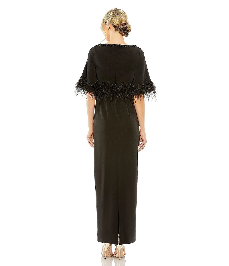 Mac Duggal Quarter Sleeve Crystal Neck Feather Detail Satin Dress