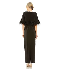 Mac Duggal Quarter Sleeve Crystal Neck Feather Detail Satin Dress