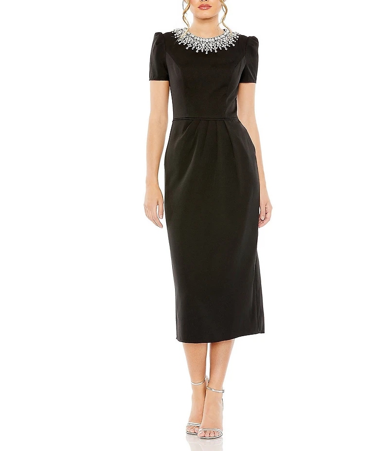 Mac Duggal Rhinestone Crew Neckline Short Sleeve Midi Dress