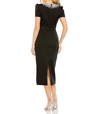 Mac Duggal Rhinestone Crew Neckline Short Sleeve Midi Dress