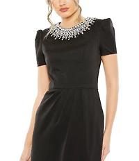 Mac Duggal Rhinestone Crew Neckline Short Sleeve Midi Dress