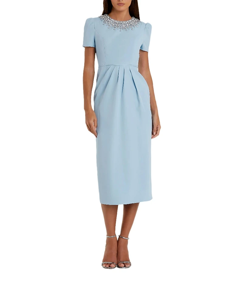 Mac Duggal Rhinestone Crew Neckline Short Sleeve Midi Dress