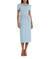 Mac Duggal Rhinestone Crew Neckline Short Sleeve Midi Dress