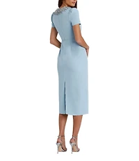 Mac Duggal Rhinestone Crew Neckline Short Sleeve Midi Dress