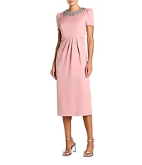 Mac Duggal Rhinestone Crew Neckline Short Sleeve Midi Dress