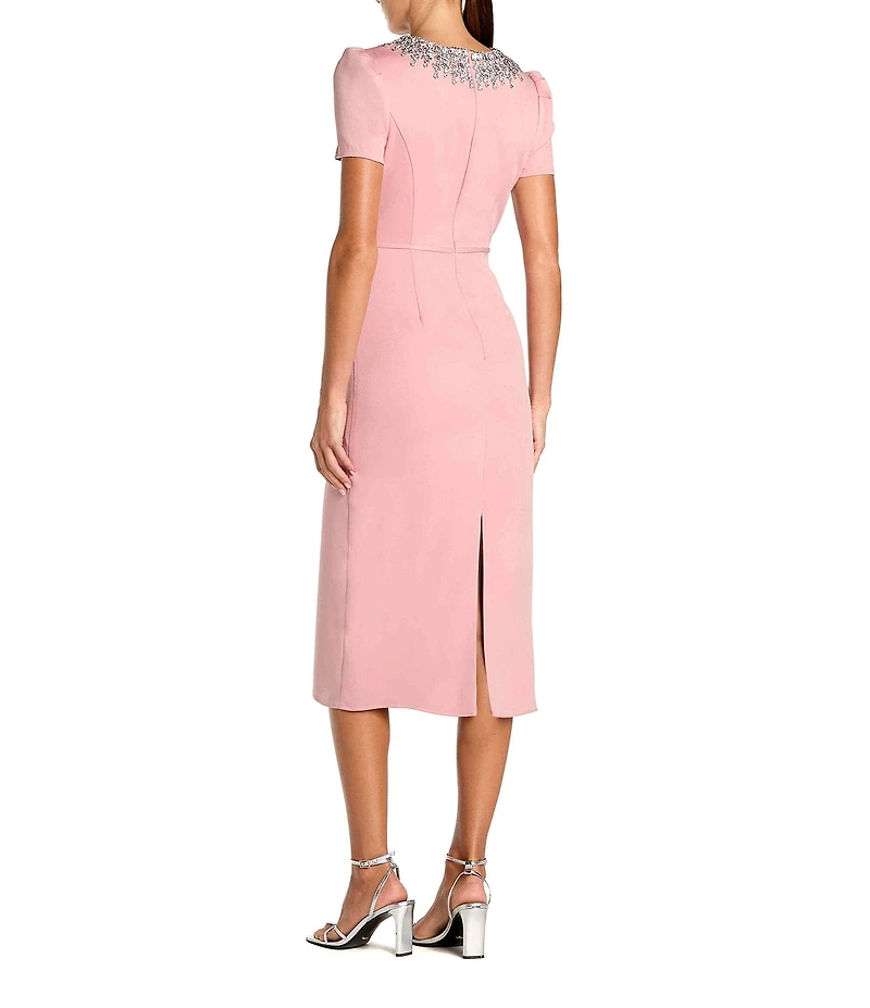 Mac Duggal Rhinestone Crew Neckline Short Sleeve Midi Dress