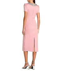Mac Duggal Rhinestone Crew Neckline Short Sleeve Midi Dress