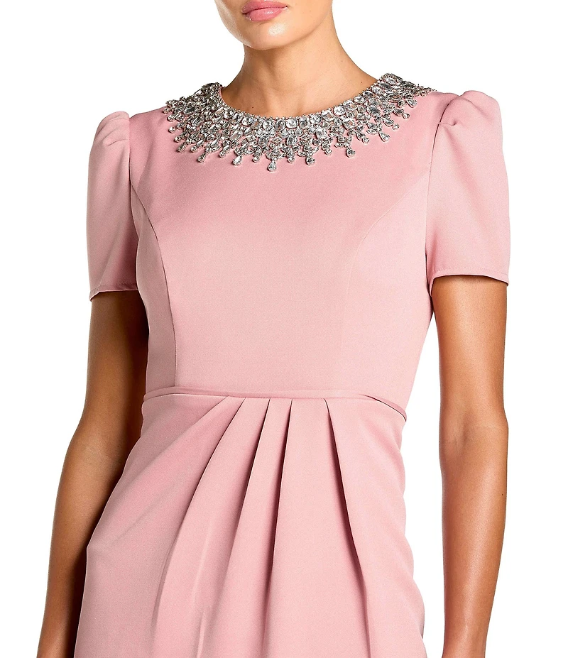 Mac Duggal Rhinestone Crew Neckline Short Sleeve Midi Dress