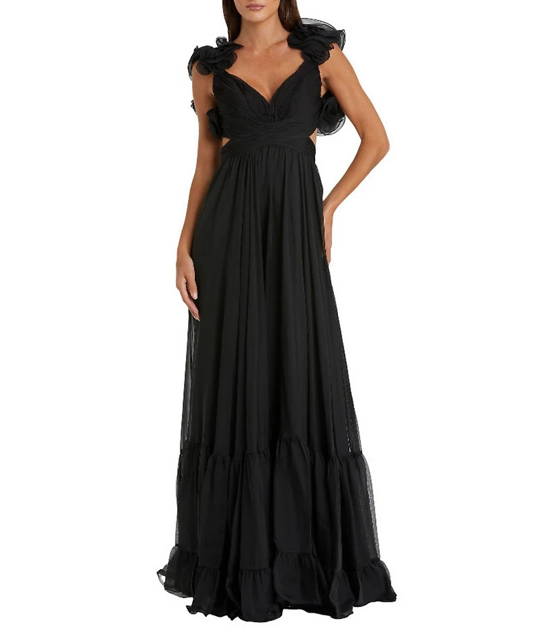 Mac Duggal Rosette Chiffon Tiered Ruffle Cut-Out Gown