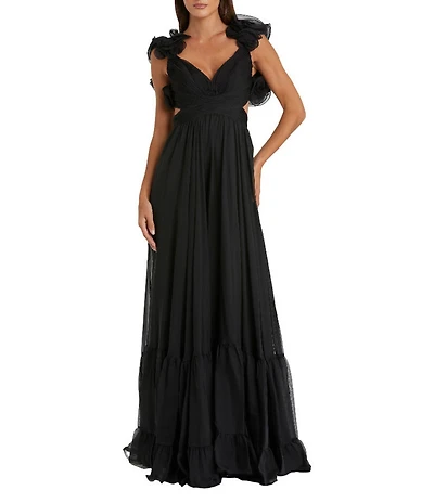 Mac Duggal Rosette Chiffon Tiered Ruffle Cut-Out Gown