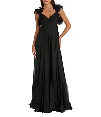 Mac Duggal Rosette Chiffon Tiered Ruffle Cut-Out Gown
