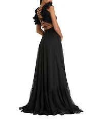 Mac Duggal Rosette Chiffon Tiered Ruffle Cut-Out Gown