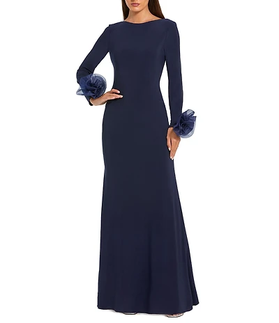Mac Duggal Round Neck 3D Floral Sleeves Jersey Gown