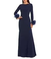 Mac Duggal Round Neck 3D Floral Sleeves Jersey Gown