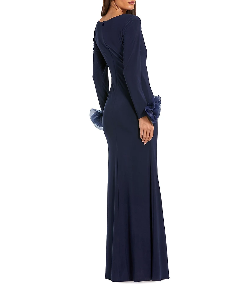 Mac Duggal Round Neck 3D Floral Sleeves Jersey Gown