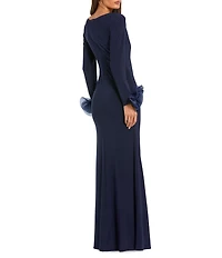 Mac Duggal Round Neck 3D Floral Sleeves Jersey Gown