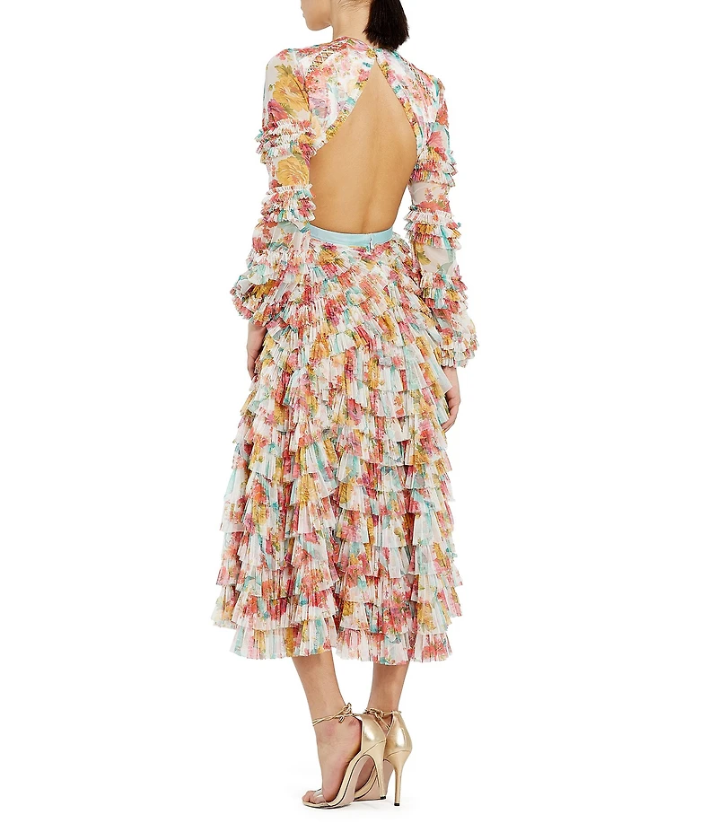 Mac Duggal Round Neck Cut Out Long Sleeve Tiered Ruffle Printed Chiffon Aline Midi Dress