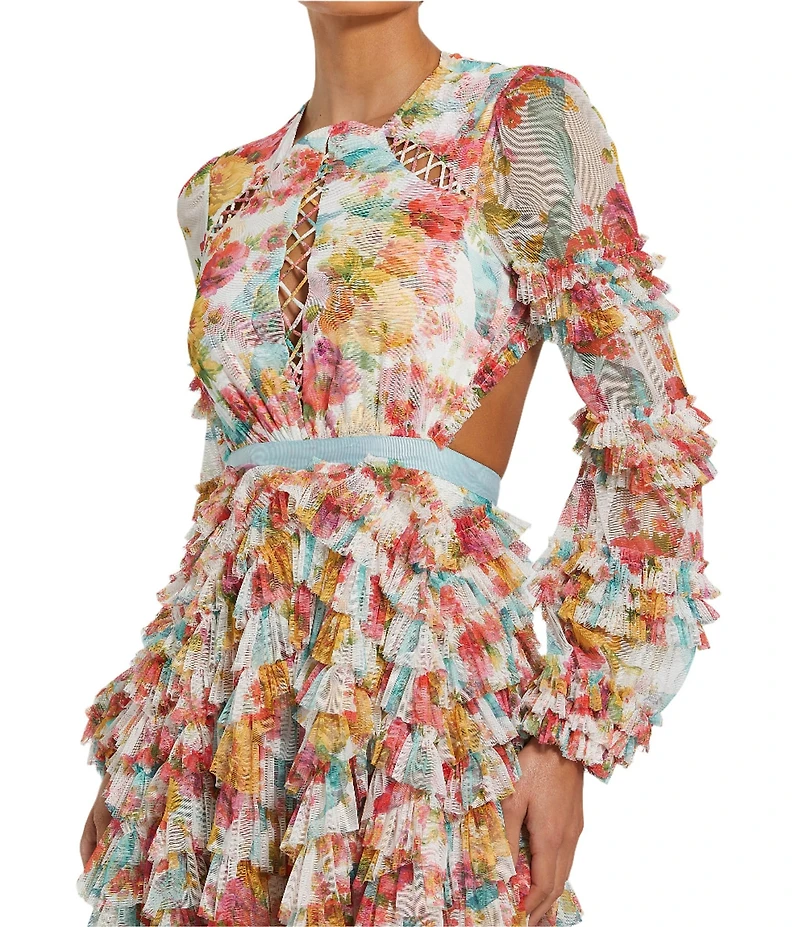 Mac Duggal Round Neck Cut Out Long Sleeve Tiered Ruffle Printed Chiffon Aline Midi Dress