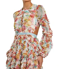 Mac Duggal Round Neck Cut Out Long Sleeve Tiered Ruffle Printed Chiffon Aline Midi Dress