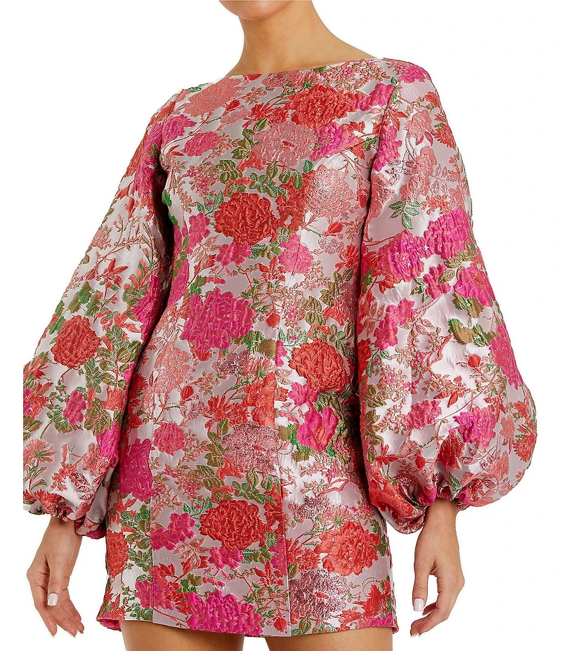 Mac Duggal Round Neck Long Bishop Sleeves Floral Brocade Sheath Dress