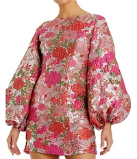 Mac Duggal Round Neck Long Bishop Sleeves Floral Brocade Sheath Dress