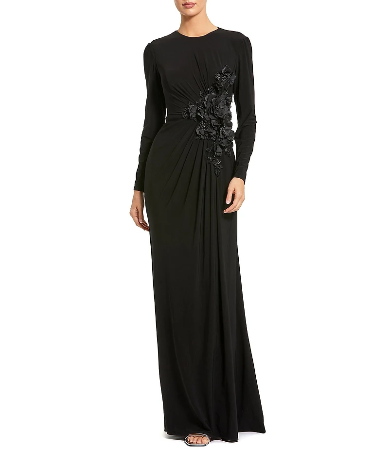 Mac Duggal Round Neck Long Sleeve 3D Floral Beaded Jersey Gown