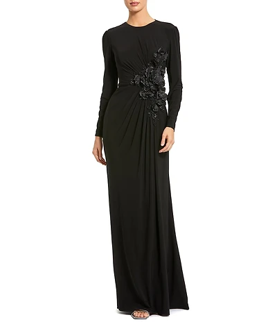 Mac Duggal Round Neck Long Sleeve 3D Floral Beaded Jersey Gown