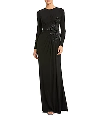 Mac Duggal Round Neck Long Sleeve 3D Floral Beaded Jersey Gown