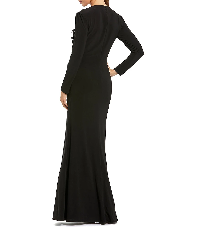 Mac Duggal Round Neck Long Sleeve 3D Floral Beaded Jersey Gown