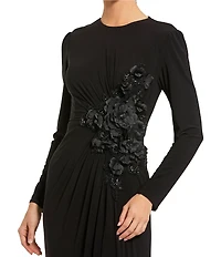 Mac Duggal Round Neck Long Sleeve 3D Floral Beaded Jersey Gown