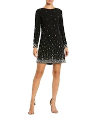 Mac Duggal Round Neck Long Sleeve Beaded Shift Dress