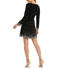 Mac Duggal Round Neck Long Sleeve Beaded Shift Dress