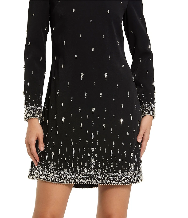 Mac Duggal Round Neck Long Sleeve Beaded Shift Dress