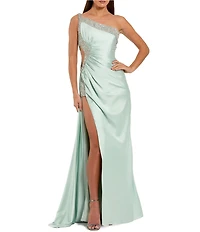 Mac Duggal Ruched One Shoulder Side Cutout Embellished Gown