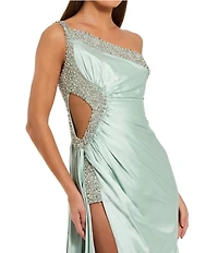 Mac Duggal Ruched One Shoulder Side Cutout Embellished Gown