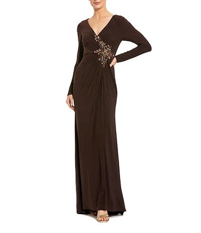 Mac Duggal Ruched Rhinestone Applique V-Neck Long Sleeve Gown