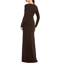 Mac Duggal Ruched Rhinestone Applique V-Neck Long Sleeve Gown