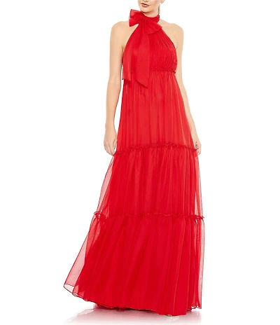 Mac Duggal Ruched Tiered Halter Bow A Line Gown