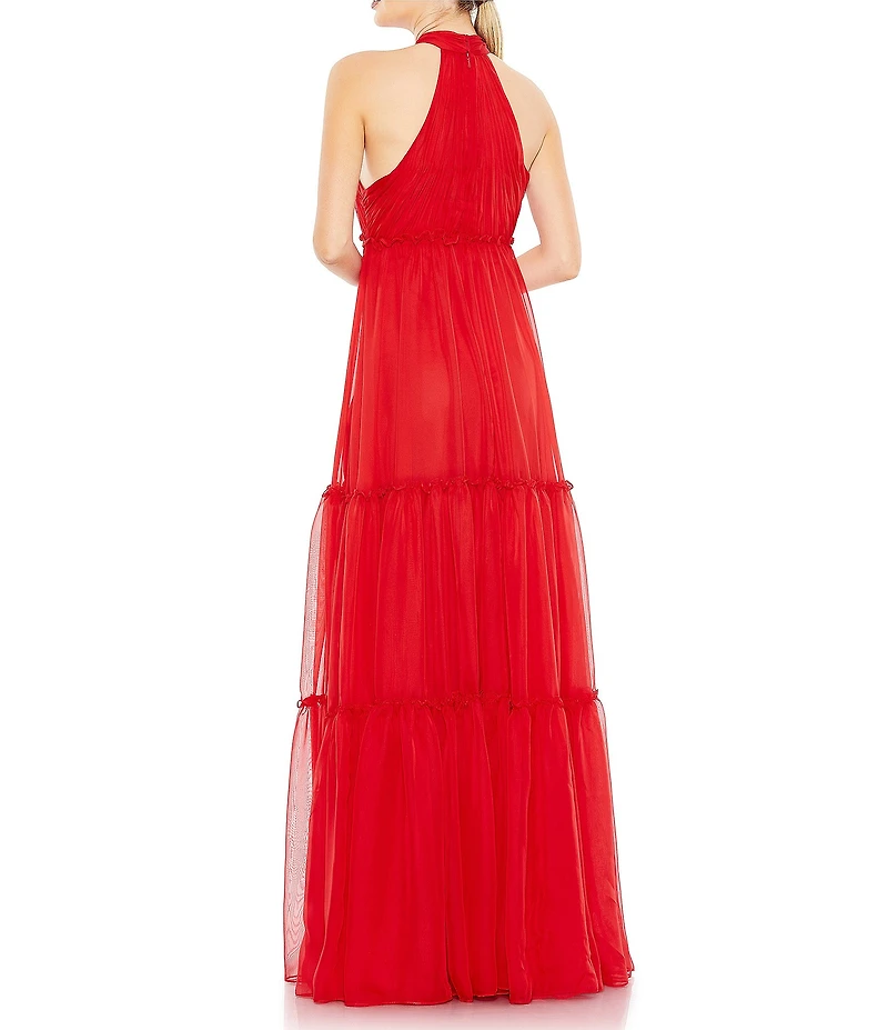 Mac Duggal Ruched Tiered Halter Bow A Line Gown